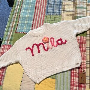 White Sweater with Pink 'Mila' Embroidery